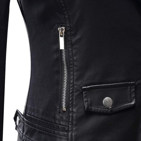 Women's Faux Leather Moto Biker Short Coat Jacket - Picture 5 of 5